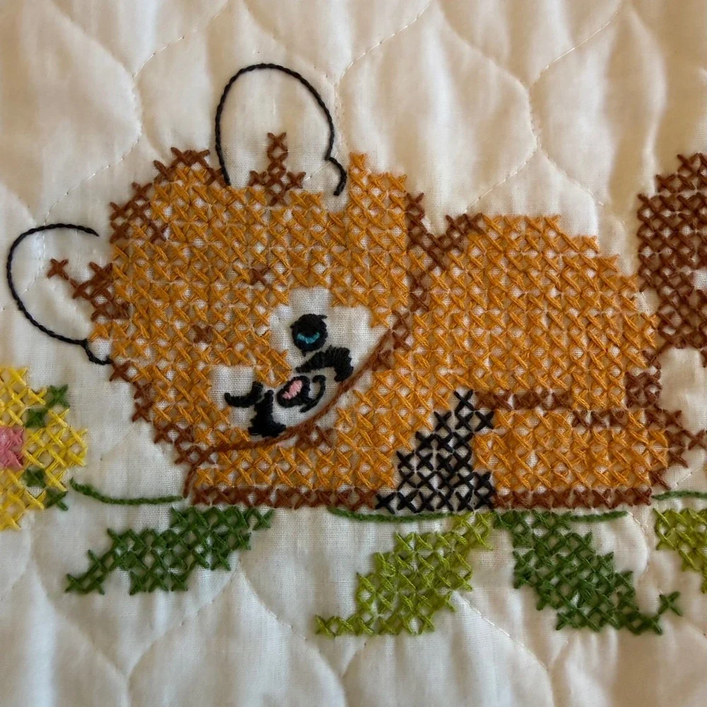 Vintage Hand Cross Stitch Baby Quilt Woodland Animals Love Is What Dreams 39x59